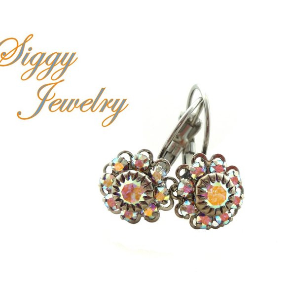 Austrian Crystal Cluster Earring , Crystal AB Drop Lever-Back Rhodium Finish - Picture 3 of 3